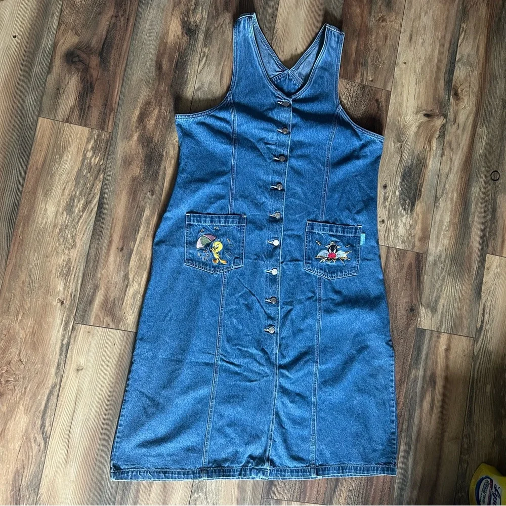 90s Tweety & Sylvester Looney Tunes Denim Maxi Dress - Picture 2 of 7